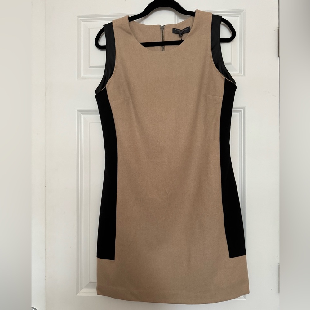 New Waverly Grey Wool Faux Leather Trim Dress Camel 8 Sleeveless